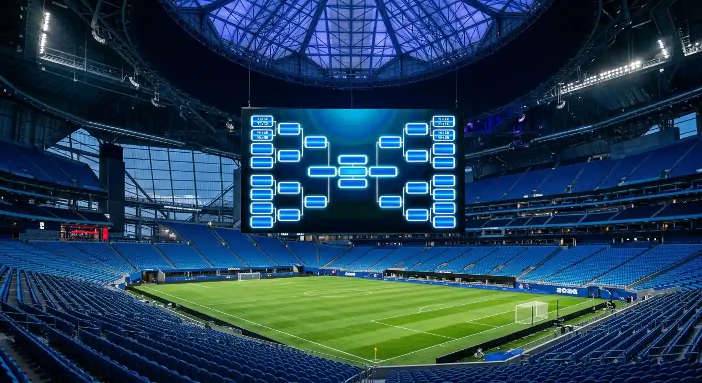 PK-2026 turnīra tabula ar astotdaļfināla pāriem uz liela ekrāna stadionā