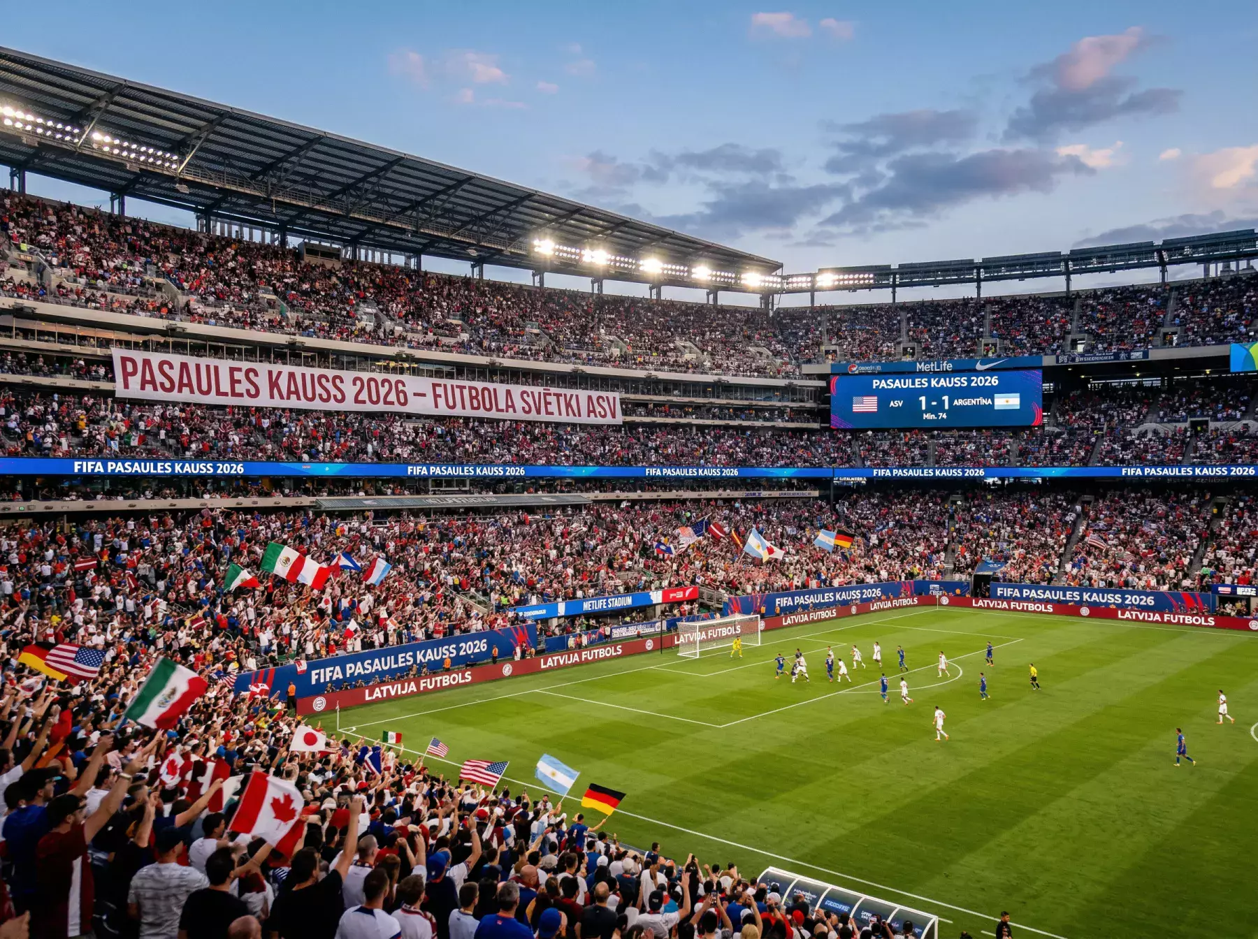 Pasaules kausa 2026 turnīra stadions ar faniem tribīnēs un futbola laukumu