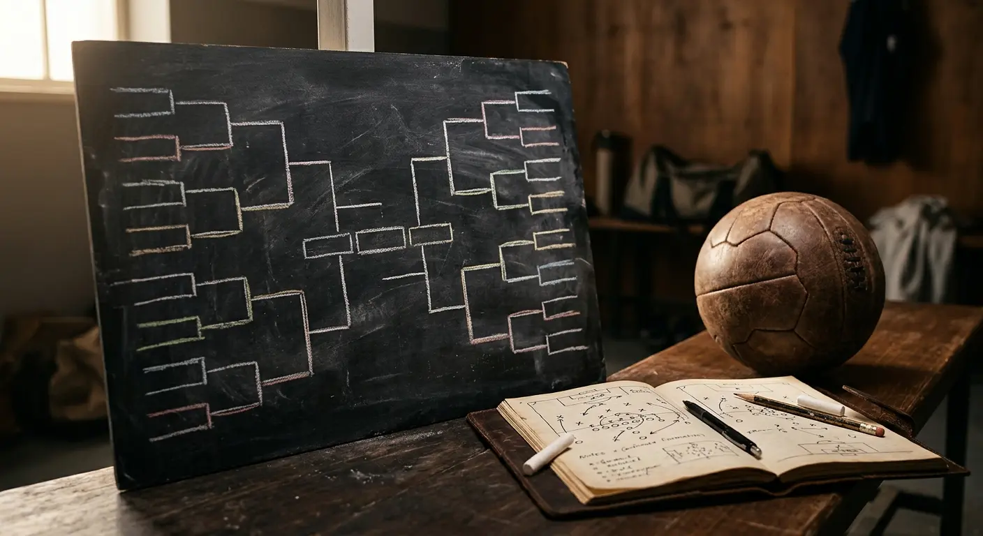 PK-2026 izslēgšanas spēļu tīkls un futbola bumba uz galda