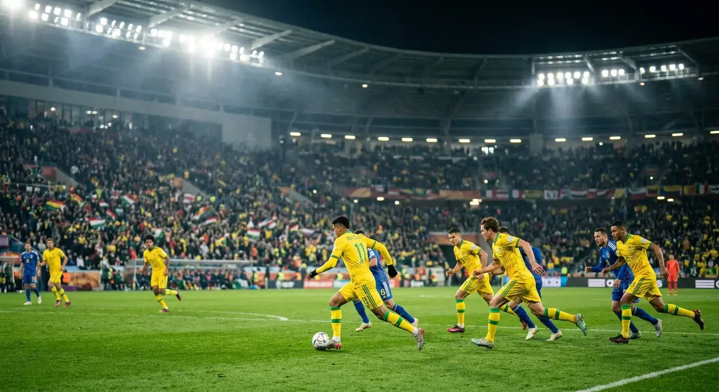 Brazīlijas izlases futbolisti dzeltenajos kreklos PK-2026 spēlē