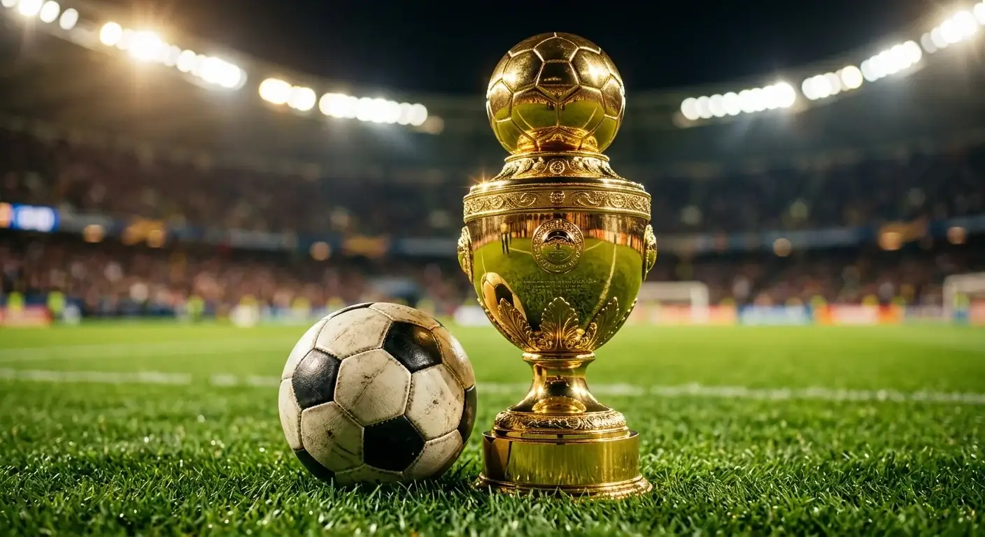 Futbola bumba un zelta balva uz zaļā laukuma PK-2026 noformējumā