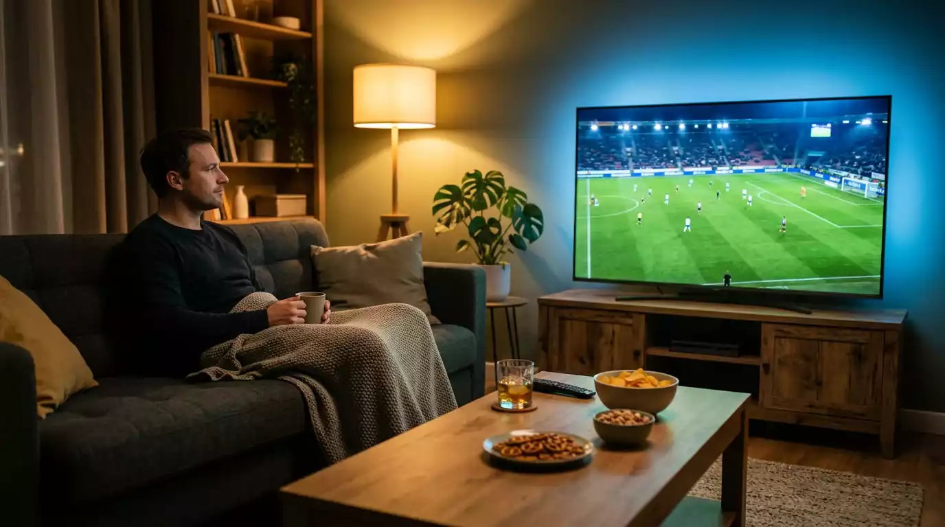 Futbola līdzjautējs skatās Pasaules kausu televīzijā mājās vakarā