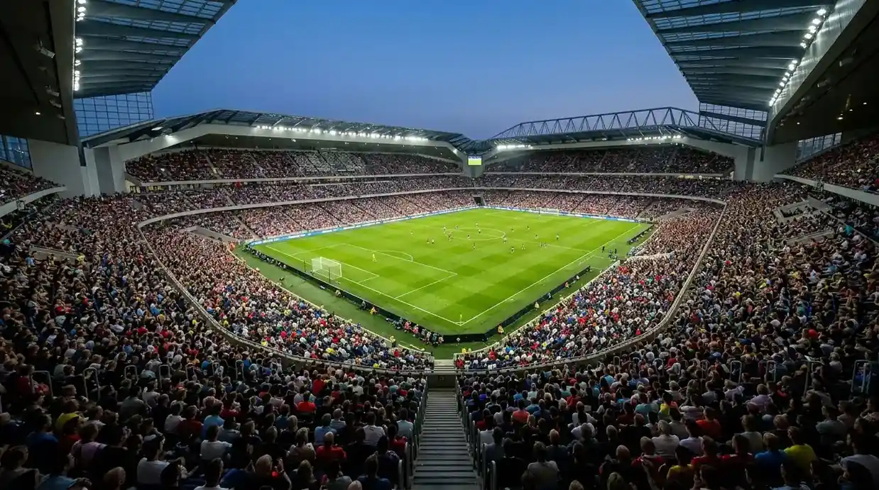 Pasaules kausa 2026 stadions no augšas ar pilnām tribīnēm vakara gaismā