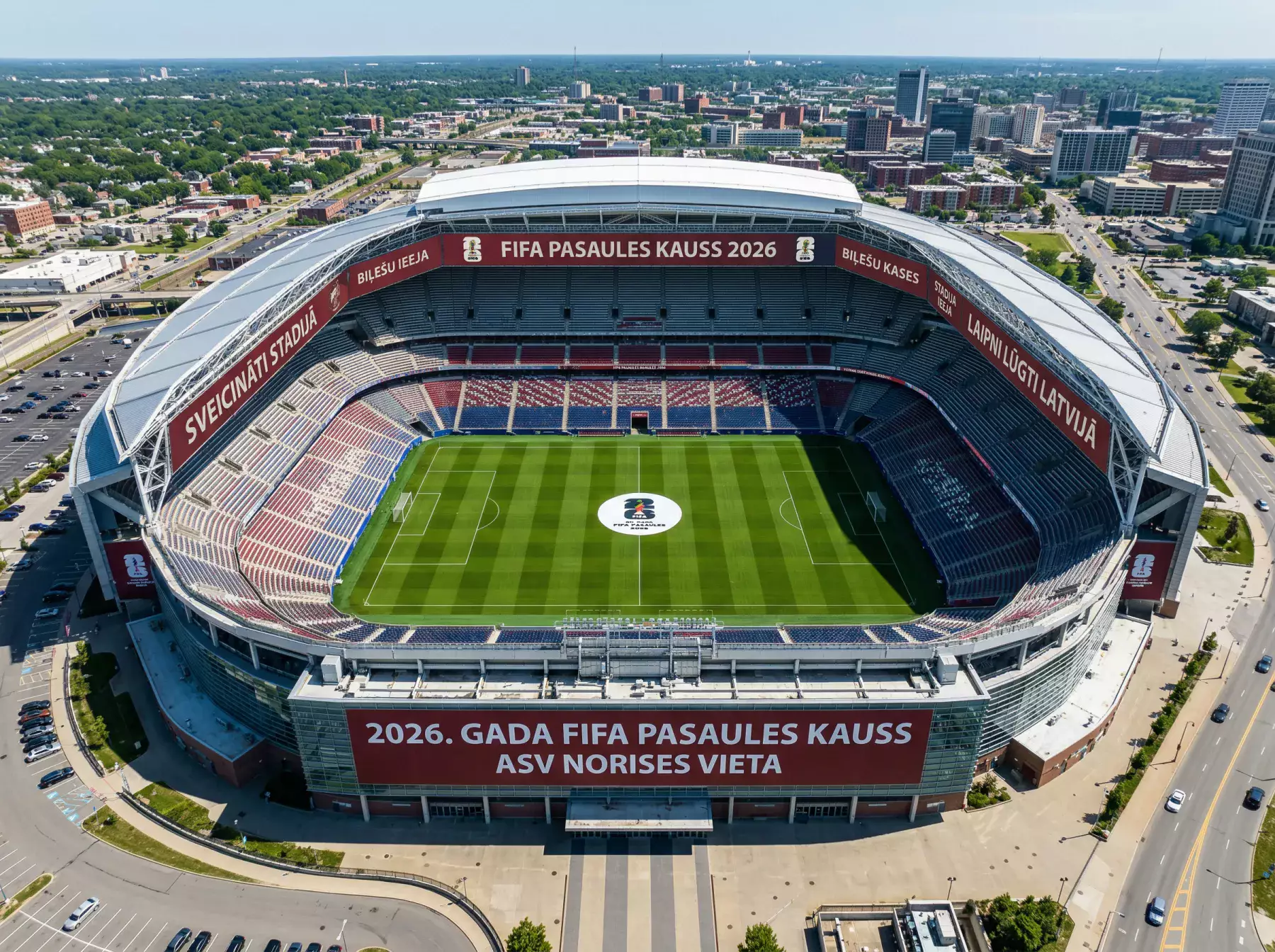 Pasaules kausa 2026 stadions ASV ar futbola laukumu un tribīnēm