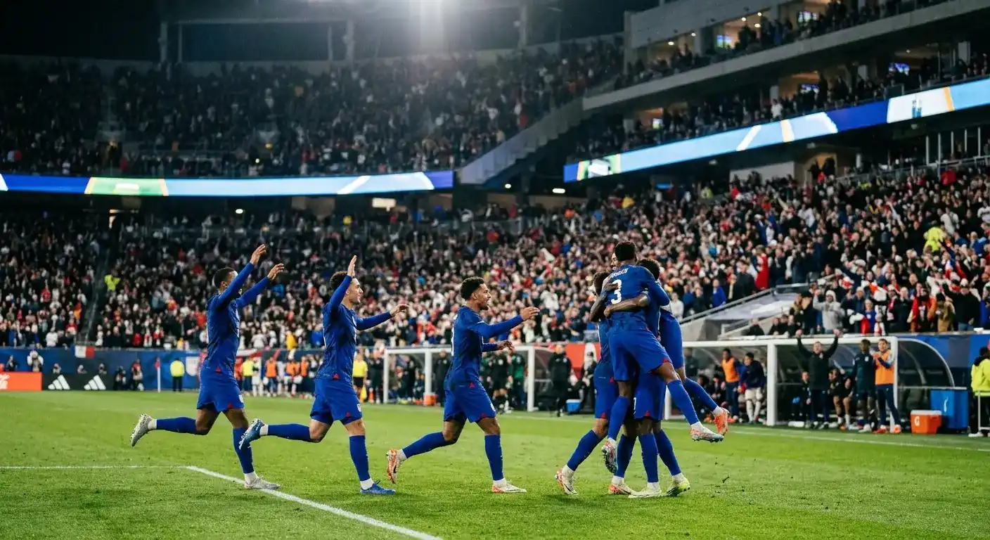 Francijas izlases futbolisti svin vārtu guvumu PK-2026 spēlē pret Norvēģiju