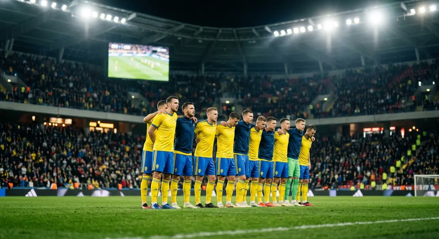 Zviedrijas izlases futbolisti dzeltenzilajos kreklos PK-2026 spēlē