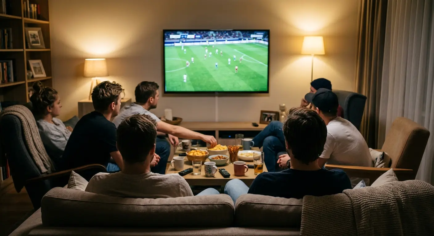 Futbola līdzjutēji skatās spēli tiešraidē mājās uz televizora